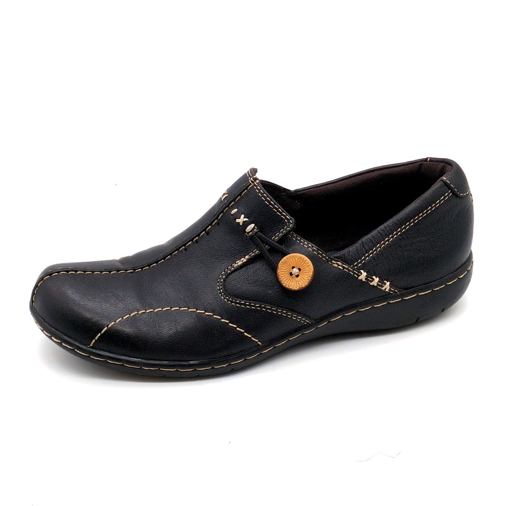Clarks Bendables Shoes Womens Black 8 Leather Loafers Button Walking Comfort